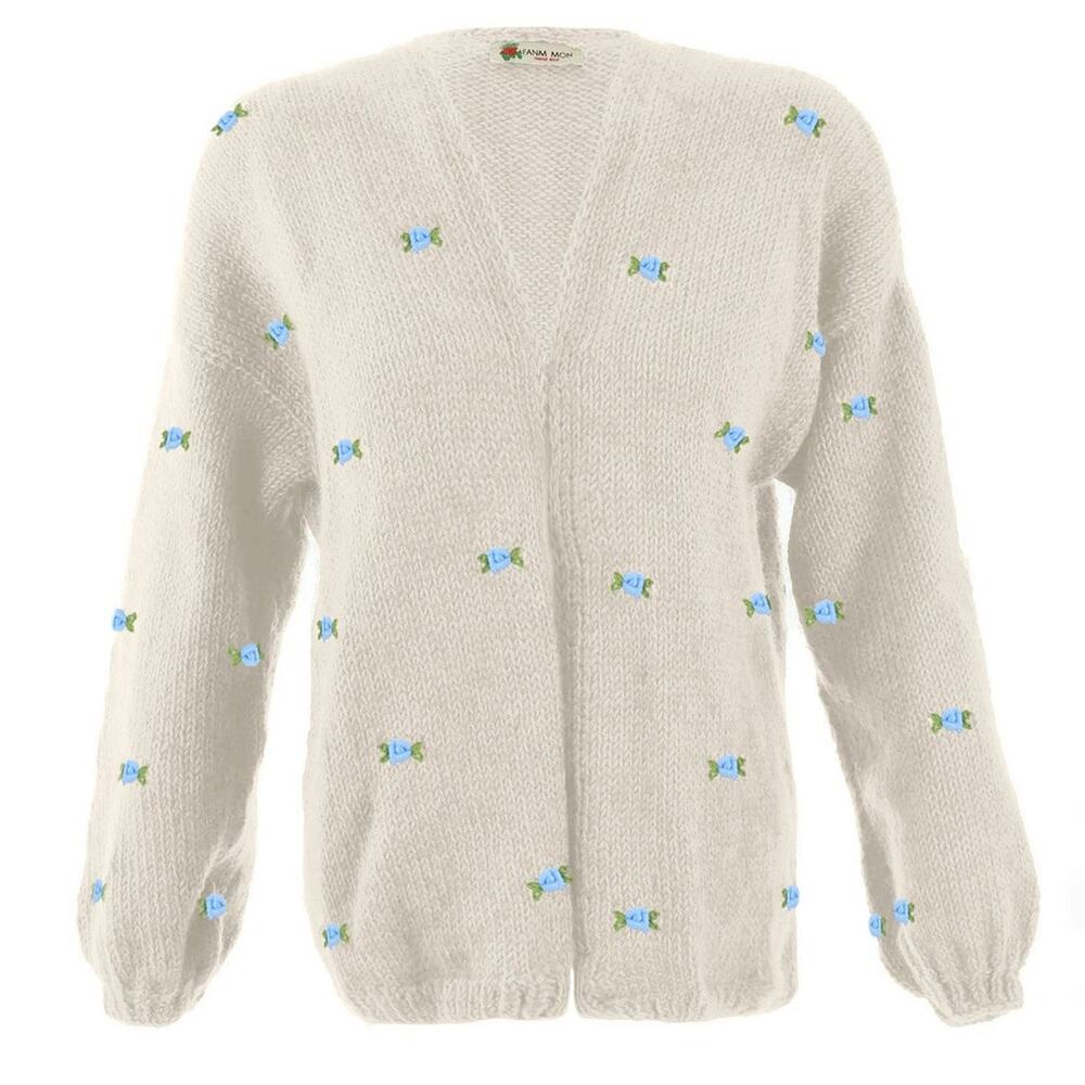 Fanm Mon WINTER BLOOM BLUE ROSE Ivory Cream Wool Cardigan Size M/L